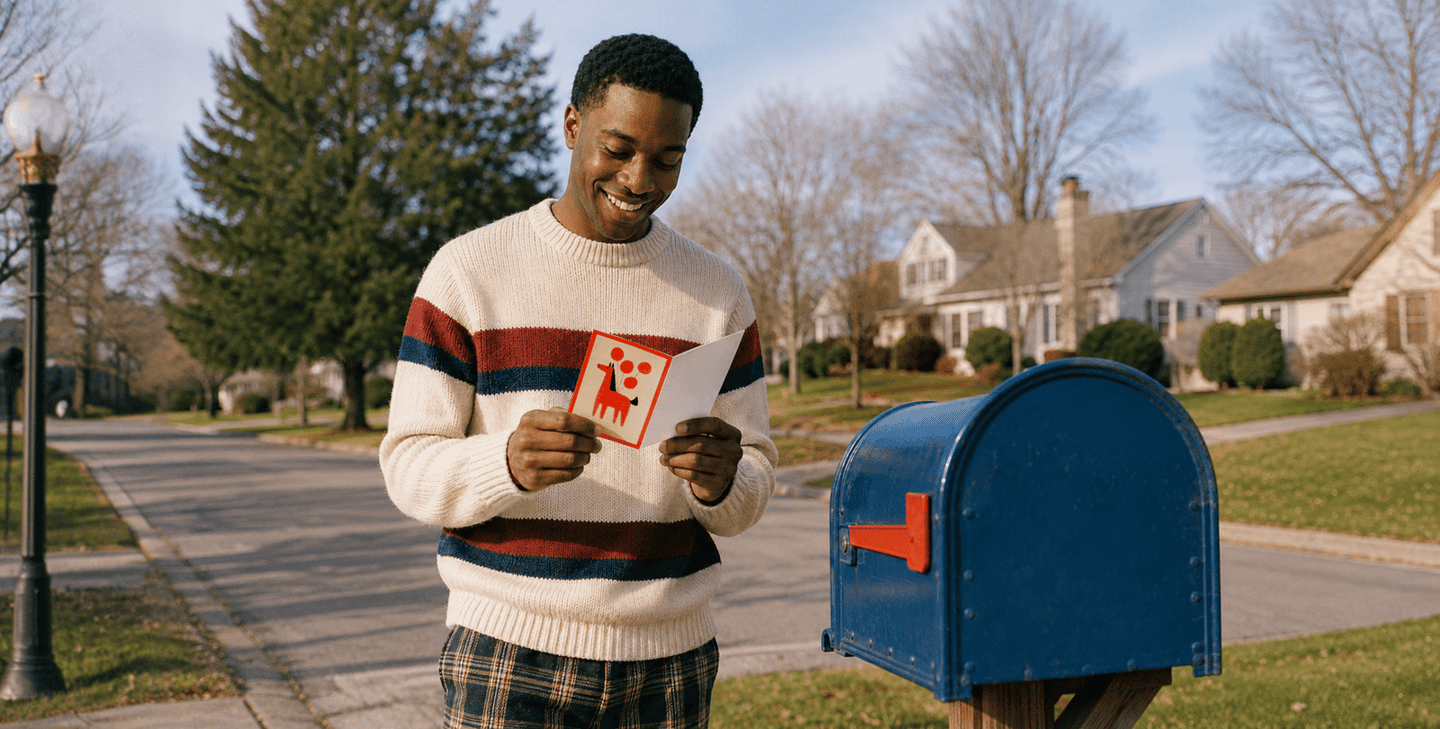 A person smiling while reading a greeting card at their mailbox