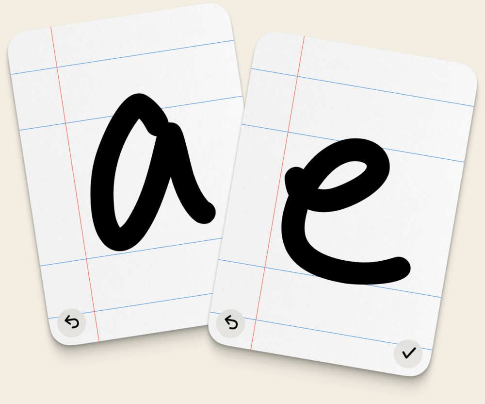 Two notebook cards showing a lowercase a and e drawn in a personal handwriting style