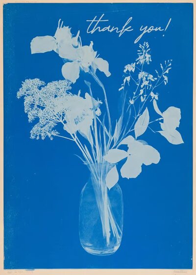 An artist-designed blue floral thank-you card